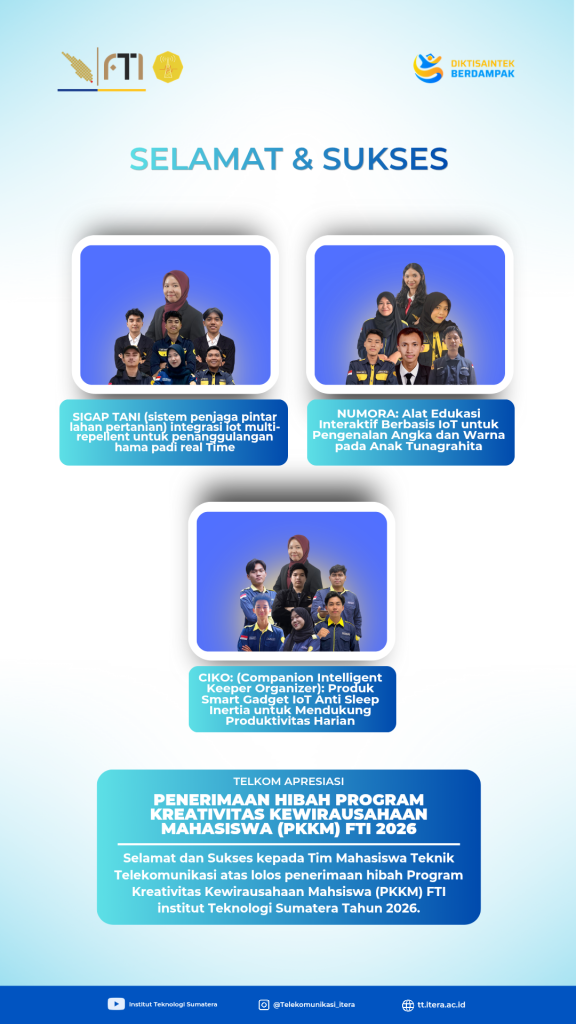 Tiga Tim Mahasiswa Teknik Telekomunikasi ITERA Lolos Pendanaan PKKM FTI Tahun 2026